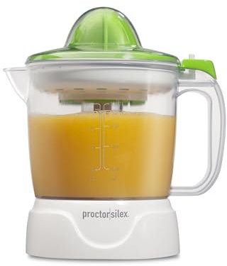 Proctor Silex - Máquina de exprimidor eléctrico de cítricos, jarra grande de 34 onzas, activada a presión, 2 escariadores para frutas grandes y pequeñas, control de pulpa, para naranja, limón, zumo de
