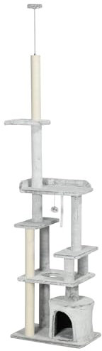 PawHut Tiragraffi per Gatti a Soffitto, Albero per Gatti da Pavimento a 6 Livelli con con Casetta e Pali Tiragraffi, 60x40x225-255cm, Grigio