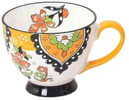 450ml/15oz Creative Hand-Painted Ceramic Mug With Handle, Microwave Oven Available, Japanese Retro Large Capacity Breakfast Milk Oatmeal Mug-Orange yellow