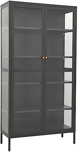 Hommdiy Vitrine mit 4 Regalfächern Highboard Hochschrank Standvitrine Glasvitrine Bücherschrank Anthrazit 90x40x180 cm Stahl und Gehärtetes Glas
