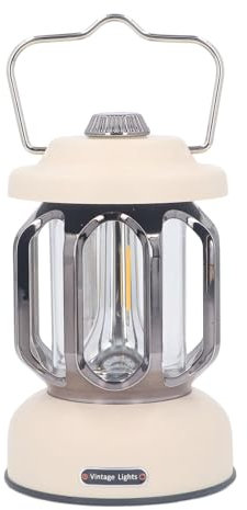 Lámpara de Camping LED con Pilas, Luz de Campamento Retro Recargable, 3 Modos de Iluminación Regulable, Lámpara Impermeable conColgante para Jardín Al Aire Libre (Beige)