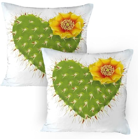 ABAKUHAUS Kaktus Kissenbezug Packung mit 2, Dorniger Kaktus in der Form des Herzens und der gelben Blume mit Opuntie-Spitzen, Dekorativer Standard Gedruckter Kissenbezug, 80 x 80 cm, Grün Gelb Orange