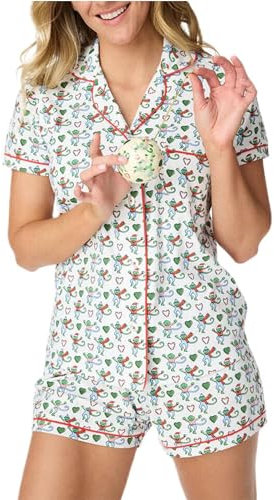 Achlibe Süßer Sommer-Pyjama für Damen, Loungewear-Set, Y2K-Grafikdruck, kurzärmelig, Hemd und Shorts, Pyjama-Set, A-grüner Affe, 46