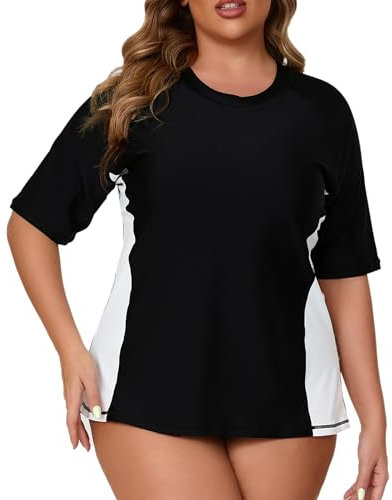 Halcurt Camiseta UV para mujer, talla grande, con protección solar UPF 50+, camiseta de natación de secado rápido, 1X-4X, Negro Blanco/con sujetador, 4XL grande