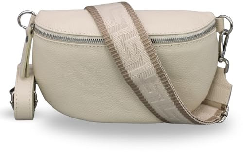 ADEL Bauchtasche Damen Echtleder Emma Silber Handgemachte Umhängetasche Crossbody Bag mit Optionalen Breiten Gemusterten Riemen Stylische Hüfttasche Made in Italy (Beige-Silber 2, Large)