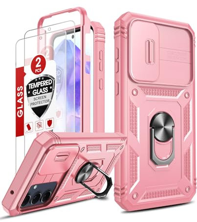 LeYi Cover per Samsung A55 con 2 Pellicola Vetro Temperato,Custodia con Protezione Fotocamera [Slidable] Antiurto Armor 360° Anello Supporto TPU Bumper Custodie Samsung Galaxy A 55, Rosa