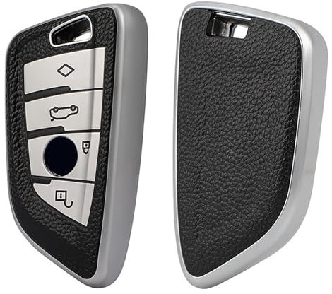 Misuyue BMW Schlüsselhülle für BMW X1 X3 X5 X7 1 3 5 6 7 Series, 4 Tasten Leder und TPU B-MW Key Cover (Silbrig)