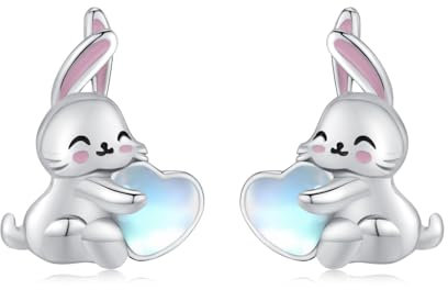 StoryEtain Kaninchen Ohrstecker 925er Sterlingsilber Hasen Mondstein Ohrstecker Hasen Ohrringe Tierschmuck für Mädchen Kinder Kaninchenliebhaber