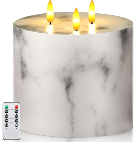 Retisee Extra Large Flameless Candles LED Battery Operated Real Wax 3 Wicks Flickering Pillar Candle with Remote Control Timer for Home Wedding Christmas Party Decoration (Marble Color,6'' X 6'')