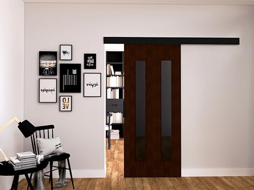 MINIO go for it - Schiebetüren 76 cm, Schiebetür Zimmertür PRIM H, Schiebetürsystem für Zimmer, Dekorative Elemente, Wandmontage, Türe Innen - Schwarz/Schwarzer Griff, Wenge/Schwarz