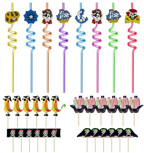 8 Cartoon Piraten Strohhalme, 24 Piraten Dessert Einsätze, Piraten Dekorieren Kindergeburtstag, Piraten Kuchen Dekorieren