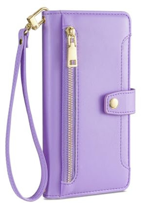 VFDHN Damen-Kartenfächer, Geldbörse, Umhängetasche, Handyhülle für iPhone 15 14 13 12 11 Pro Max XS XR 7, Hülle mit Riemen, Lila, Für iPhone 14 Pro Max