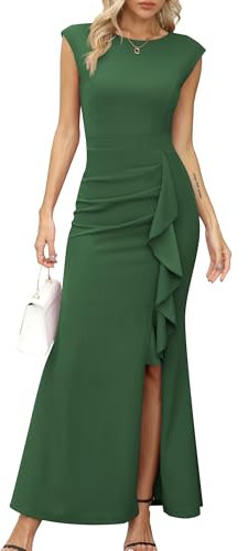 Missufe Damen Ballkleid Maxi Abendkleider Flügelärmel Cocktail Rüsche Schlitz Meerjungfrau Bodycon Hochzeit Festlich Kleid (Grün, X-klein)