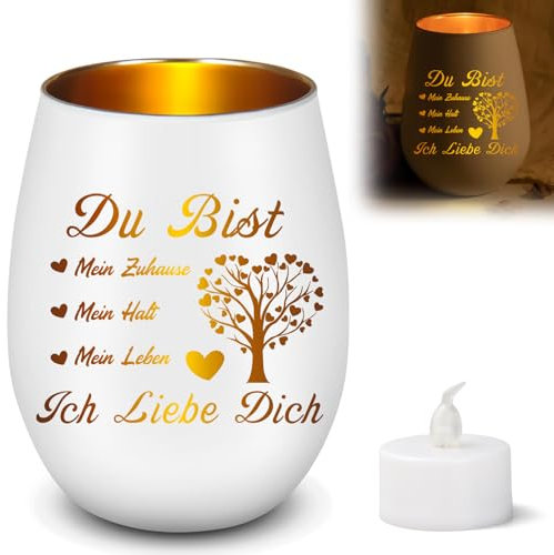 Ich Liebe Dich Geschenke für Frauen Männer, Windlicht aus Glas mit Led Kerzen, Teelichthalter mit Gravur, Geschenke für Paare, Ehefrau, Jahrestag Geschenk für Sie (aqD)