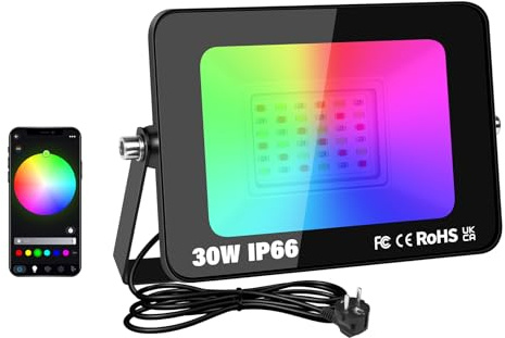 RIGIDON 1x 30W RGB led strahler APP & IR steuerung, 3000lm RGBW flutlicht | außen, innen, IP66, farbwechsel, smart dimmbar timer bunt fluter lampe, für party garten baum landschaft disco feiern fest
