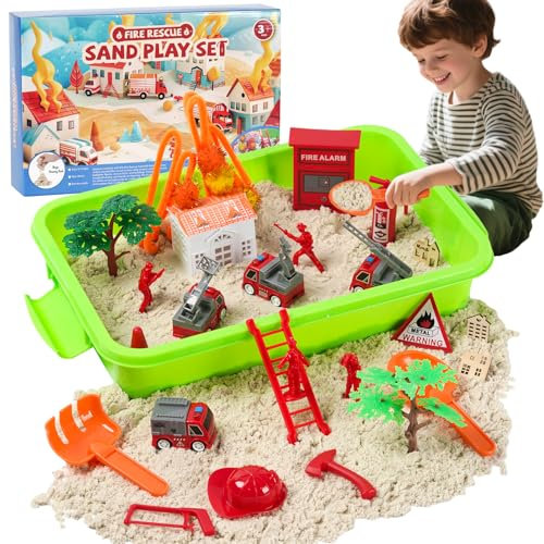 GHIAKQYT Kinetic Sand Set - Magischer Spielsand Set,Kinetischer Sand Sandspiel, Kinetic Sand Feuerwehr Rollenspiel Koffer mit 1KG Magic Sand,Zubehör,Spielzeug Geschenk für Kinder 3 4 5 6 7 8 Jahre