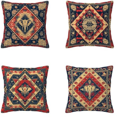 Kissenbezug Elefant Kissenbezüge 50x50 cm Indien 4er Set, Samt Kissenhüllen Weicher Kissen Deko Angenehm und Pflegeleicht, Couchkissen Pillowcase mit Reißverschluss für Deko Geschenke für Frauen J-31