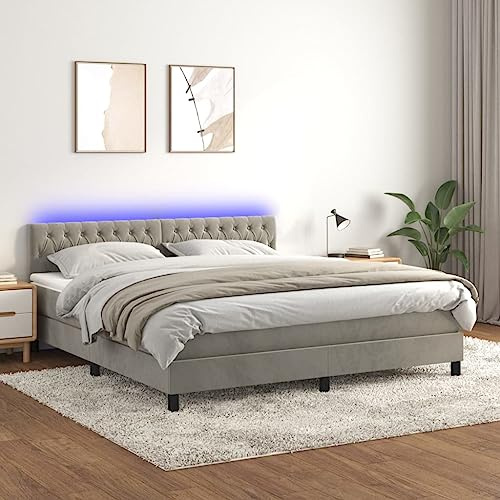 IKAYAA Boxspringbett mit Matratze 180 x 200 Bett mit LED Beleuchtung & Topper Boxspringbett 180 x 200 cm Bett mit Matratze und Lattenrost Bett komplett mit Kopfteil Samt-Hellgrau-180 x 200 cm Typ 2