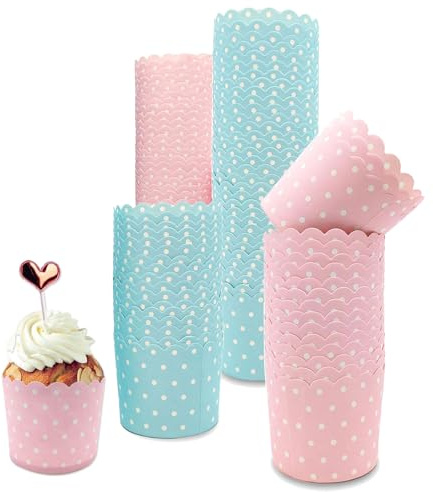 Muffin Papierförmchen, 100 Stück Rosa und Blau Muffin Förmchen Papier, Cupcake Backformen Papier, für Hochzeiten, Partys, Feiertage, Bankette(Wellenpunkt)