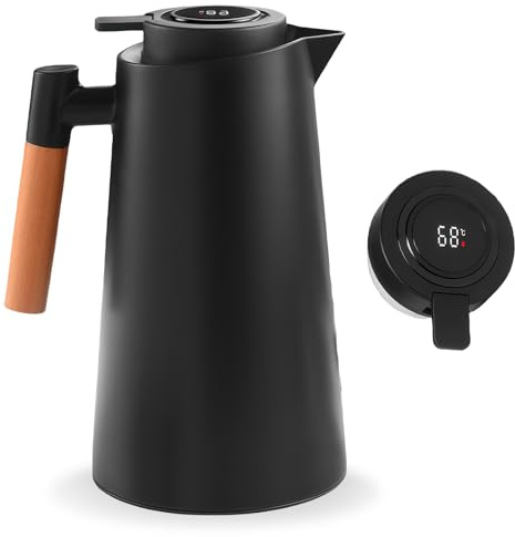 GOEDCH Thermoskanne 1L: Schwarz Isolierkanne mit Temperaturanzeige, Kaffeekanne Thermo mit Holzgriff, Tee Thermoskanne mit Temperaturanzeige, Gut Abgedichtet Kaffeekanne, für Kaffee, Tee und Milch