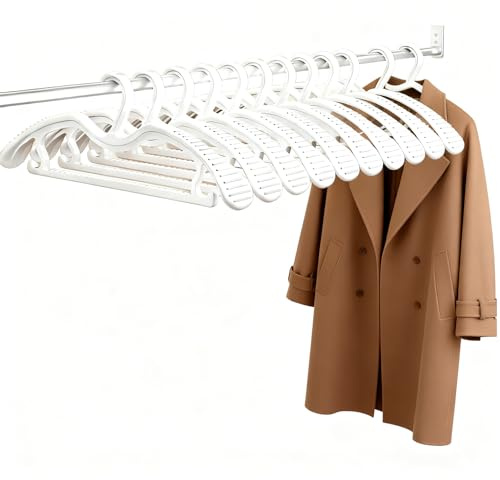 Perchas de cuello corto verticales que ahorran espacio, giratorias 360 grados, antideslizantes, extra gruesas con hombros anchos, perchas de plástico para adultos, color blanco, paquete de 10, 41 x 14