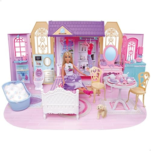COLORBABY Isabella Puppenhaus, 1 Etage, 74 x 37 cm, bewegliche Puppe 30 cm, über 60 Zubehörteile, faltbares Design mit Griff, tragbares Haus, Spielzeug für Mädchen 3 Jahre (39416)