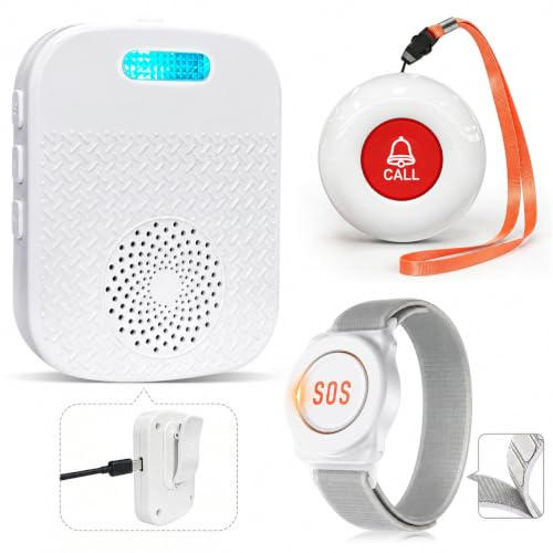 ChunHee Notrufknopf für Senioren ohne ABO, Hausnotruf für Zuhause mit 2 SOS-Tasten, Armband- & Umhänge-Taste, tragbarer Empfänger mit Vibration, LED, bis zu 150 m Reichweite