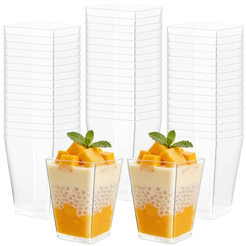 Otauoaea 50 Stück Wiederverwendbare Desserttasse Set,160ml Dessertbecher Eckig Dessertgläser Set, Klein Dessertschalen für DIY Dessert, Mousse, Pudding, Eiscreme, Joghurt - für Party Picknick Hochzeit