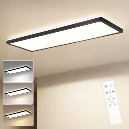 ZMH Led Deckenleuchte Panel 58x20CM Deckenlampe Dimmbar mit Fernbedienung | Wohnzimmer Schwarz Deckenbeleuchtung mit Backlight Schlafzimmerlampe Flach 24W für Küche Schlafzimmer Bad Büro Flur Hotel