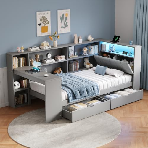 Mrwoo 3ft Single Bed with Bookcase Storage, L-Shape Daybed with Storage Drawers and Desk, Sofa Bed with LED-Linen Concealed Headboard Storage and Charging-Station, Grey, 90x190cm, (No Mattress)