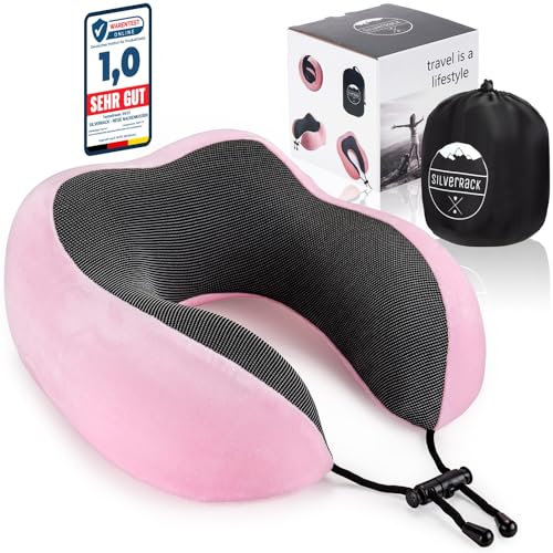 SilverRack Coussin de nuque en mousse à mémoire de forme d'avion pour adulte - Lavable (doux et respirant) - Coussin d'avion pour les voyages reposants - Rose