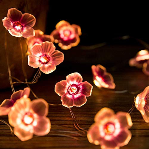 Kirschblüte Blume Lichterketten,KINGCOO 10FT 30LED Rosa Pflaume Kupferdraht Lichterketten Batteriebetrie Fernbedienung 8Modi für Außen Innen Mädchen Schlafzimmer Wand Hochzeit Geburtstag Party