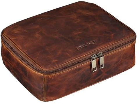 STILORD 'Lee' Grande Trousse de Toilette Souple pour Homme Femme Vintage Sac de Toilette pour Voyage Trousse de Maquillage de Cuir Véritable, Couleur:Prestige - Marron
