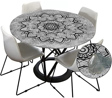 Morbuy Tischdecke Outdoor Rund 150 cm, Elastisch Rund Abwaschbar Tischdecken Wasserabweisend Lotuseffekt Garten Tischdecke Grau Mandala Table Cloth, Ideal für 130cm-140cm