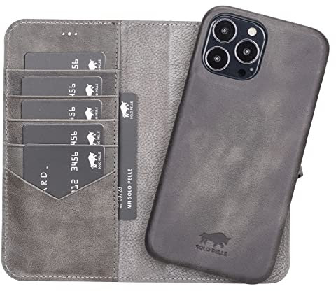 Solo Pelle Lederhülle kompatibel für iPhone 13 Pro in 6.1 Zoll abnehmbare Hülle (2in1) inkl. Kartenfächer für das original Apple iPhone 13 Pro (Vollleder Steingrau)