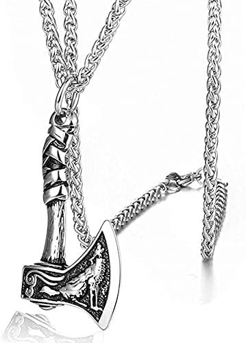 MMWYCO Pendant Necklace Viking Celtic Wolf Axe Pendant Necklace,Men Stainless Steel Odin Crow Fenrir Totem Pagans Amulet,Norse Mythology Medieval Scandinavian Jewelry (Color : Silver)