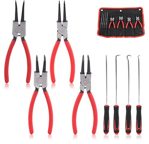 Swpeet Lot de 8 pinces à anneau de serrage de 22,9 cm avec ensemble d'outils de crochetage et de crochets, joint d'huile pour circlips internes/externes avec 4 crochets, parfaits pour enlever les