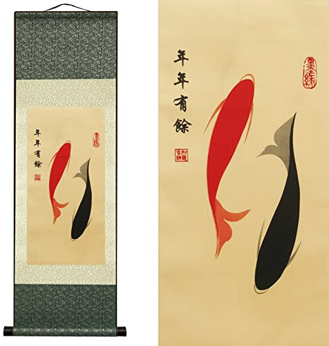 Seide Scroll Malerei Asiatisch Wand Dekoration Seidenmalerei Koifisch - Jahr Habe Fisch - Alter Doppelfisch Schön Chinesische Kunstwandrolle Hängende Bildrolle Orientalisches Dekor (92 x 30 cm)