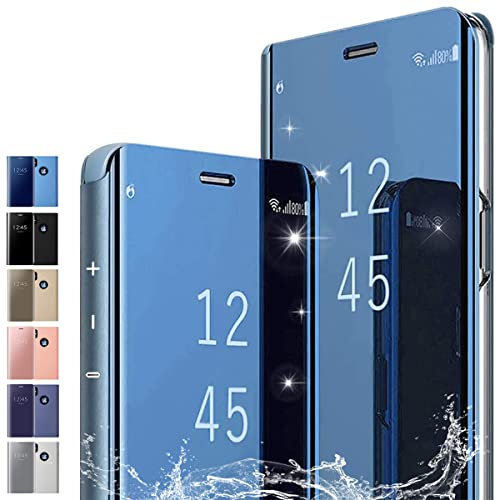PingGoo Case for iPhone 8 Plus, Flip Plating Mirror Case with Stand Function,PC/PU Translucent Clear View ShockProof Phone Protective Case Cover for iPhone 8 Plus, Blue