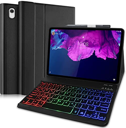 YUEJIDZ Tastatur Hülle für Lenovo Tab P11 Plus TB-J606 / TB-J607 QWERTZ Beleuchtete Tastatur Abnehmbarem Drahtlosem Bluetooth Tastatur mit PU Leder Schützhülle 11 Zoll Schwarz