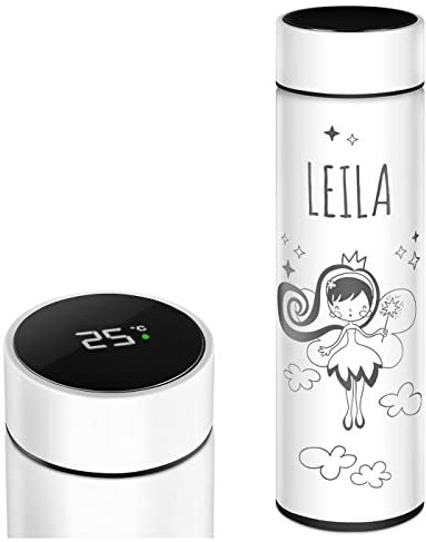 Maverton Thermobecher Kaffeebecher mit Gravur 450 ml - Trinkflasche Edelstahl - auslaufsicher - 100% dicht - mit LED-Temperaturanzeige - für Frauen zum Geburtstag - weiß - Fee