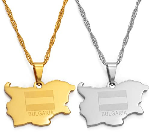FENGJIAREN Bulgaria Map Pendant Necklace - The Republic of Bulgaria Pendant &Amp; Necklace Ethnic Style Charm Thin Chain Necklace for Women/Girl/Men Unisex,Golden,60Cm