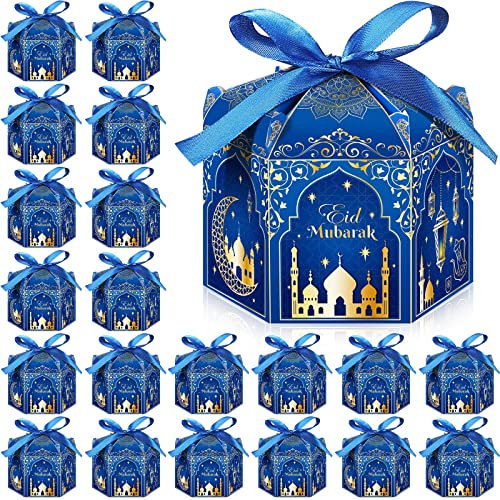 24 Stück Ramadan Mubarak Box Eid Mubarak Cupcake Süßigkeiten Schachtel aus Papier Muslim Party Mitgebsel Box Geschenkbox für Eid Al Fitr Party Zubehör (Blau)