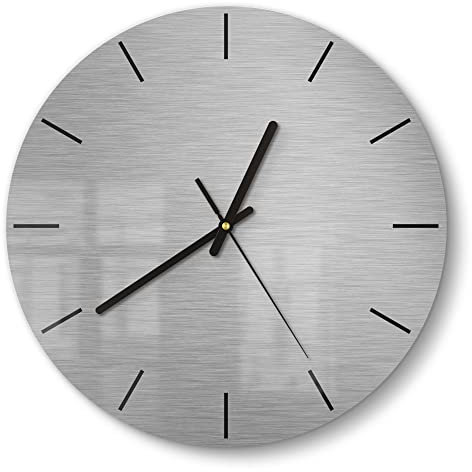 DEQORI Glasuhr | rund Ø 30 cm | Motiv Gebürsteter Stahl | ausgefallene leise Design Uhr aus Glas | Wanduhr für Wohnzimmer & Küche | moderne Hingucker Uhr für die Wand