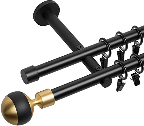 RENA Gardinenstange 19/19 mm Vorhangstange 2-läufig| Metall Elegante klassische Gardinenstange mit geräuscharmen Rollen | Inklusive Montagezubehörset | Schwarz Matt 220cm |Mix