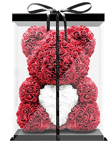 Birkental Rosen Bär - extra großer 40-45cm handgemachter Rosenbär mit Herz und Geschenkbox - Blumenbär als Geburtstagsgeschenk für Frauen, Freundin, Geburtstag, Rose Bear Teddybär (Rot)