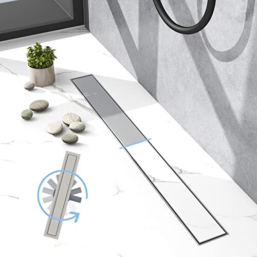 Biubiubath Canaleta de ducha de acero inoxidable de 90 cm, sifón a 360° con antiolor, colador de ducha, desagüe de suelo para baño, juego completo con fijación al suelo, doble cara