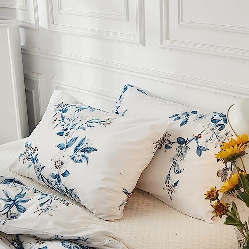 Freyamy Blumenmuster Kissenbezug 40x80cm 2er Set Weiß Blau Blumen Kopfkissenbezug Blätter Pflanzen Mädchen Kissenhülle Gebürstet Microfaser Weiche Kissenbezug mit Reißverschluss