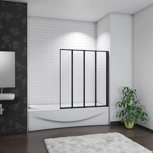 Mampara de Bañera 4 Hojas Plegables Vidrio Templado 4mm Perfil Negro Mate Tamaño:(890-900) x1400mm