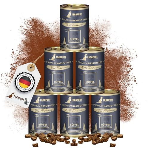 Escapure Adult Nassfutter Büffel 6 x 400g Dose - 79,4% pures Büffelfleisch Hundefutter - Dosenfutter Büffel Topf ohne Zusatzstoffe - Ergänzungsfuttermittel für ausgewachsene Hunde frei von Getreide